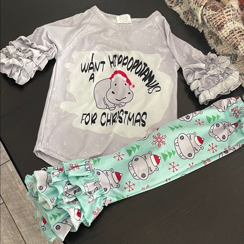 Kids Christmas Hippo  Set - Gray and Mint